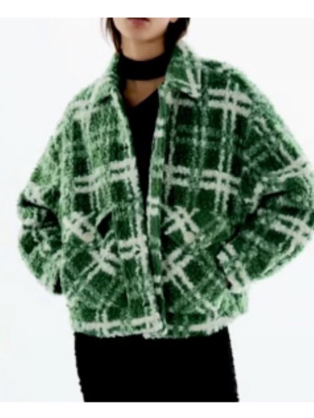Zara Green & White Plaid Sherpa Fleece Jacket Size XS